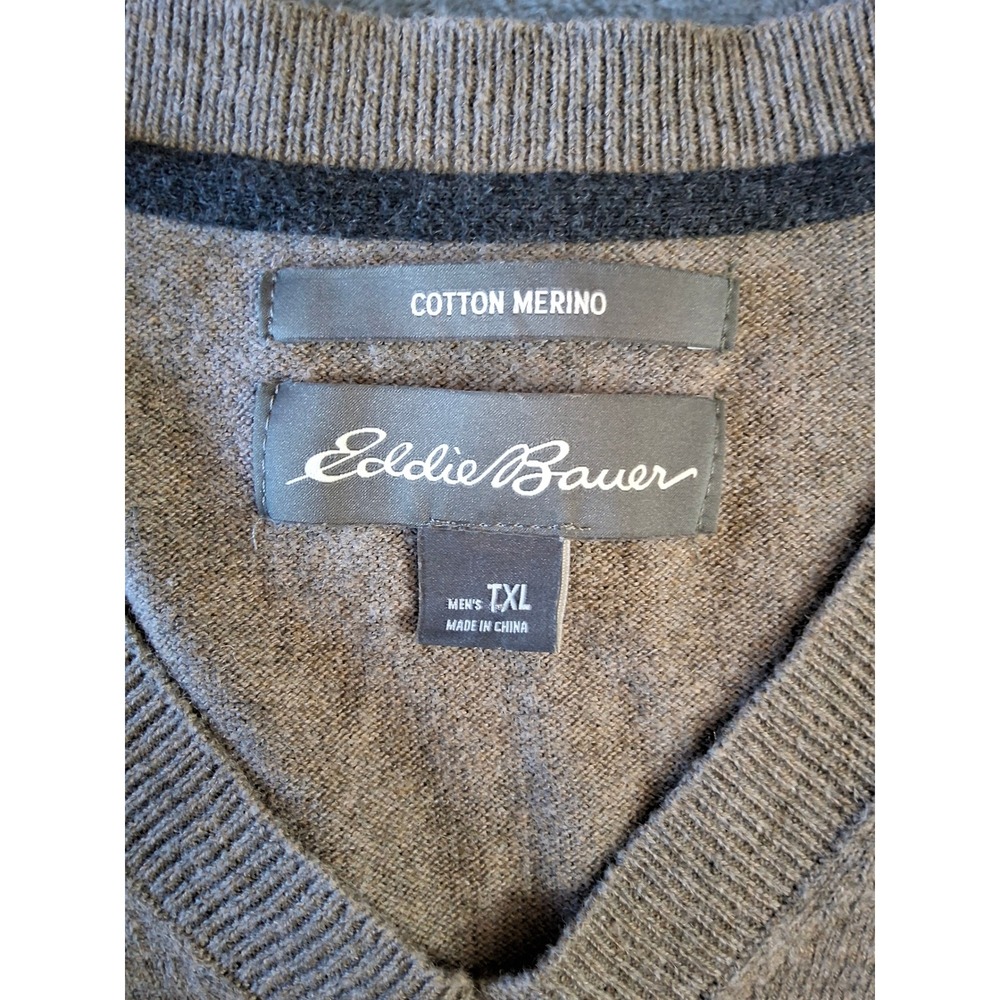 Eddie Bauer Mens TXL‎ V-Neck Sweater Cotton Merino Wool Blend Heather Tan Brown - Picture 7 of 12